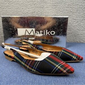 Matiko Shoes Lori Womens EUR 36 US 6 Green Tartan Plaid Point Toe Slingback Flat
